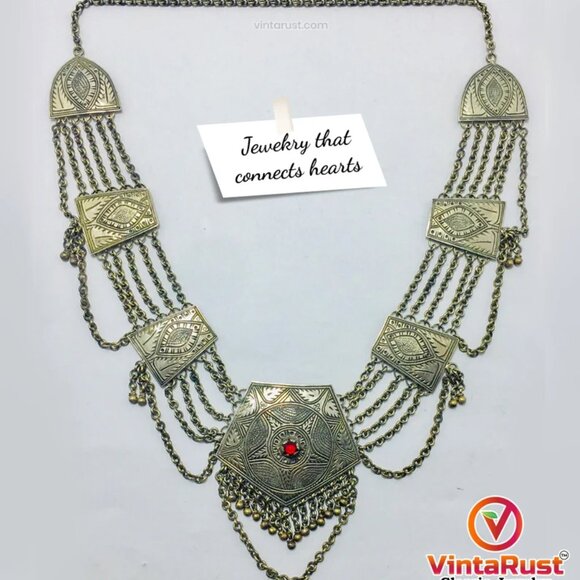 Vintage Silver Kuchi Boho Necklace, Multilayers Chain Bib Necklace - Picture 3 of 7
